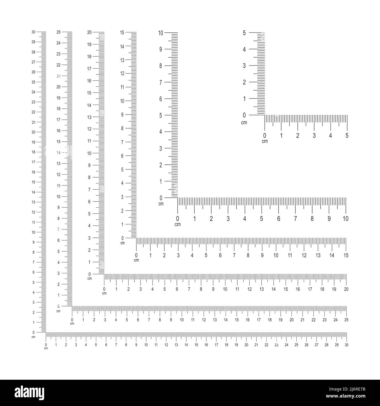Set of corner ruler templates with centimeters and millimeters markup and numbers. Measuring tool with 5, 10, 15, 20, 25, 30 cm vertical and horizontal lines. Vector graphic illustration Stock Vector