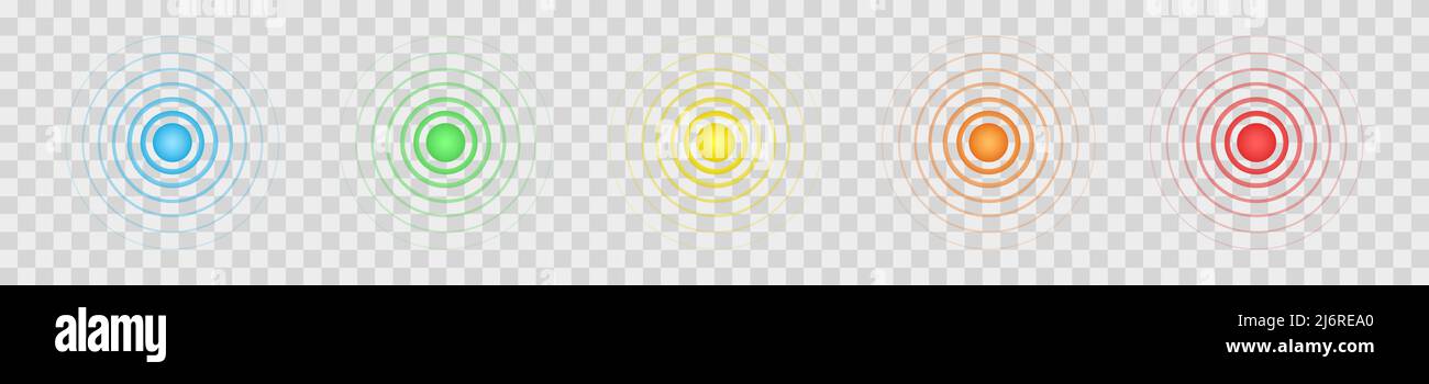 Concentric blue, green, yellow, orange and red signs on transparent background. Target symbols. Pain and healing, hurt and painkilling points. Radar, sound or sonar wave icons. Vector illustration Stock Vector
