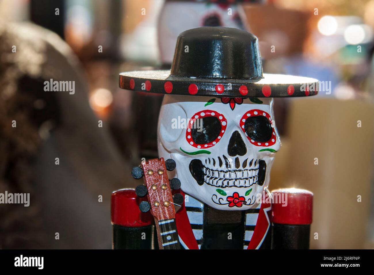 Day of the Dead Dia de Muertos musican  skeleton with painted face and guitar Stock Photo