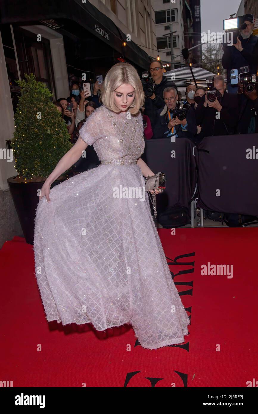 Lucy Boynton wearing Chanel departs The Mark Hotel for 2022 Met Gala in New York City. Stock Photo