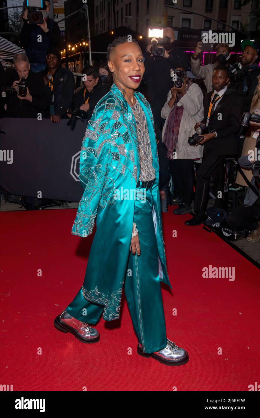 Lena Waithe wearing Versace departs The Mark Hotel for 2022 Met Gala in New York City. Stock Photo