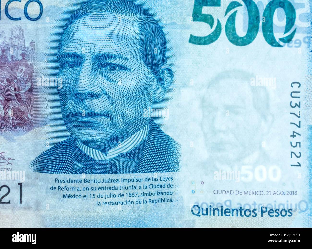 Watermark on Mexico 500 peso currency bill featuring first president Benito Juarez Stock Photo