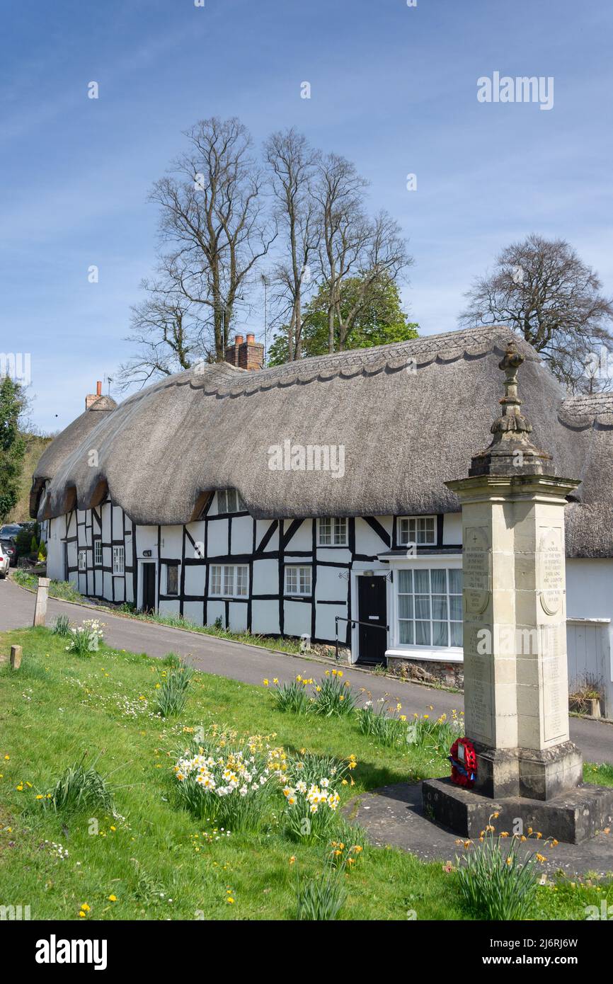 Thatched cottages and Village Green, Wherwell, Hampshire, England, United Kingdom Stock Photo