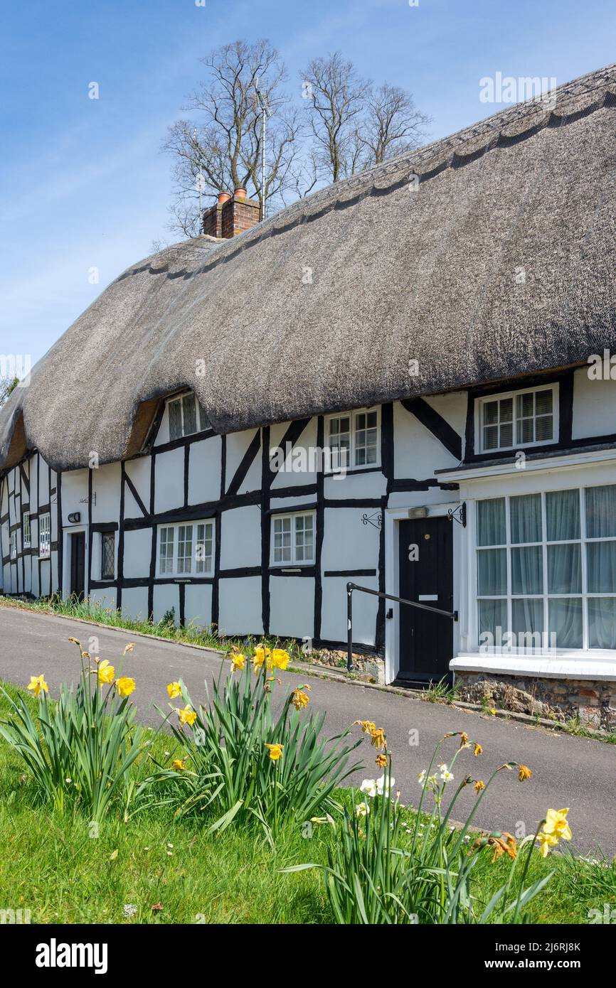 Thatched cottages from Village Green, Wherwell, Hampshire, England, United Kingdom Stock Photo