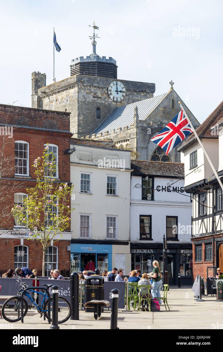 Pavement cafes, Market Place, Romsey, Hampshire, England, United Kingdom Stock Photo