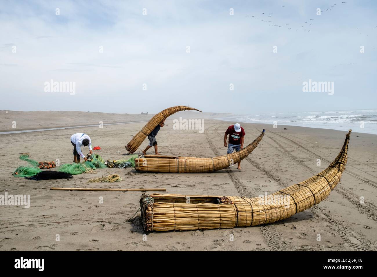 Peruvian Reed Boat Local Fishermen Prepare To Go Fishing In Their Caballitos De Totora ...