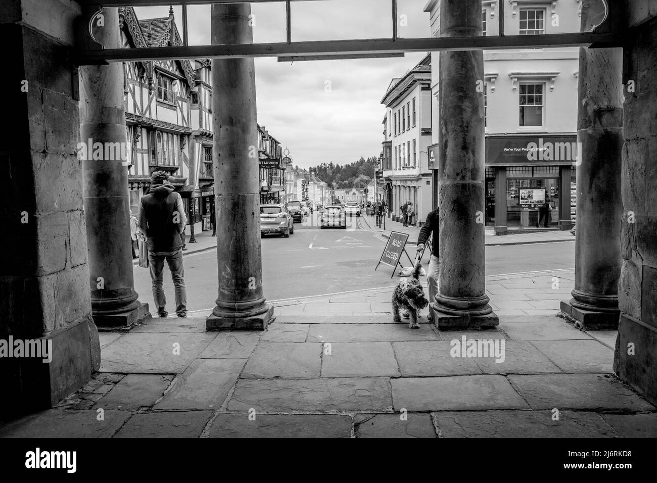The stone pillars of Ludlow town hall and museum looking down broad