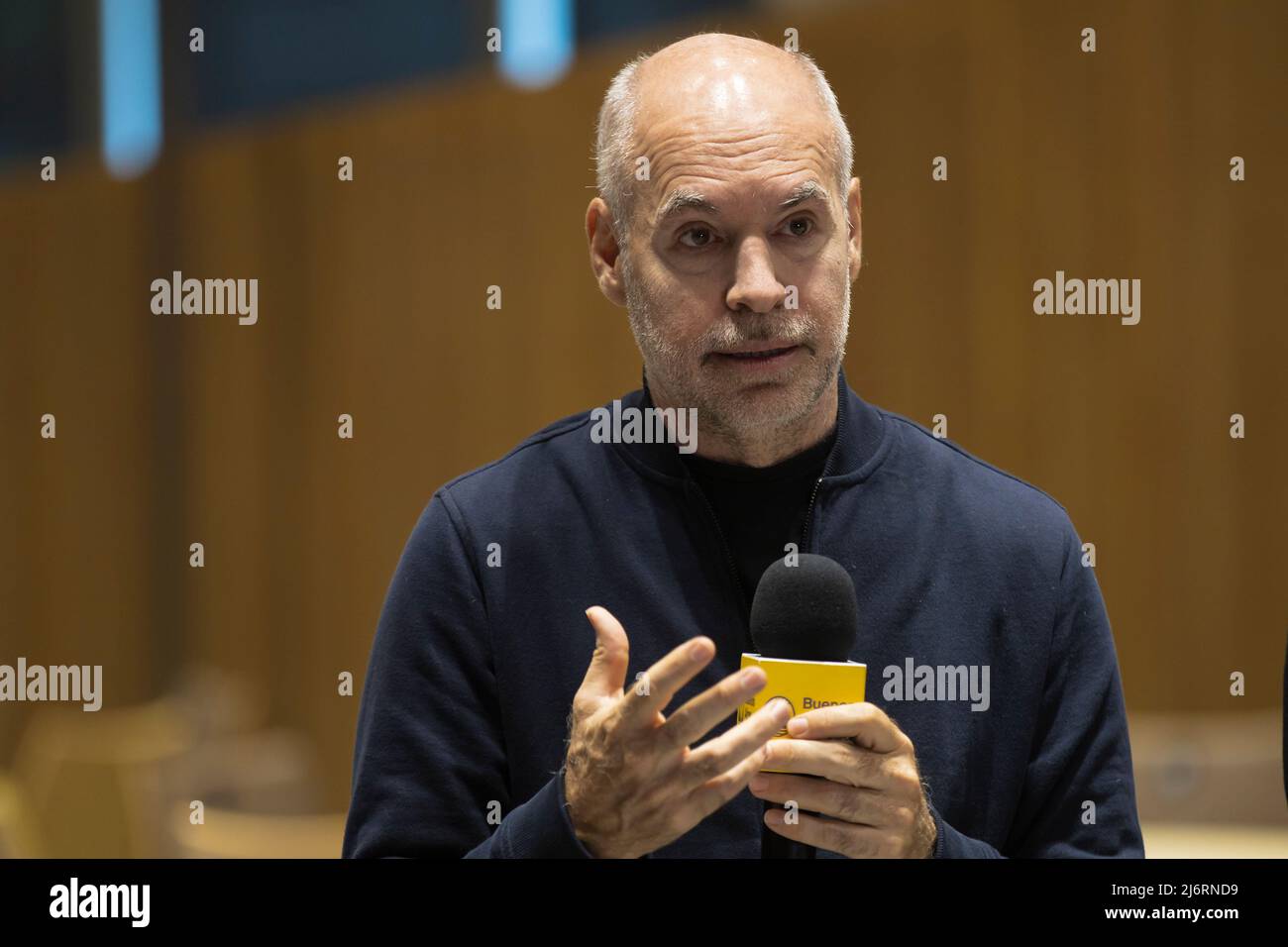 The Head of Government Horacio Rodríguez Larreta gave details about the work practices that began this year in public and private educational establishments for students who are in their last year of high school. The Head of Government answering questions from the media. (Photo by Esteban Osorio/Pacific Press) Stock Photo