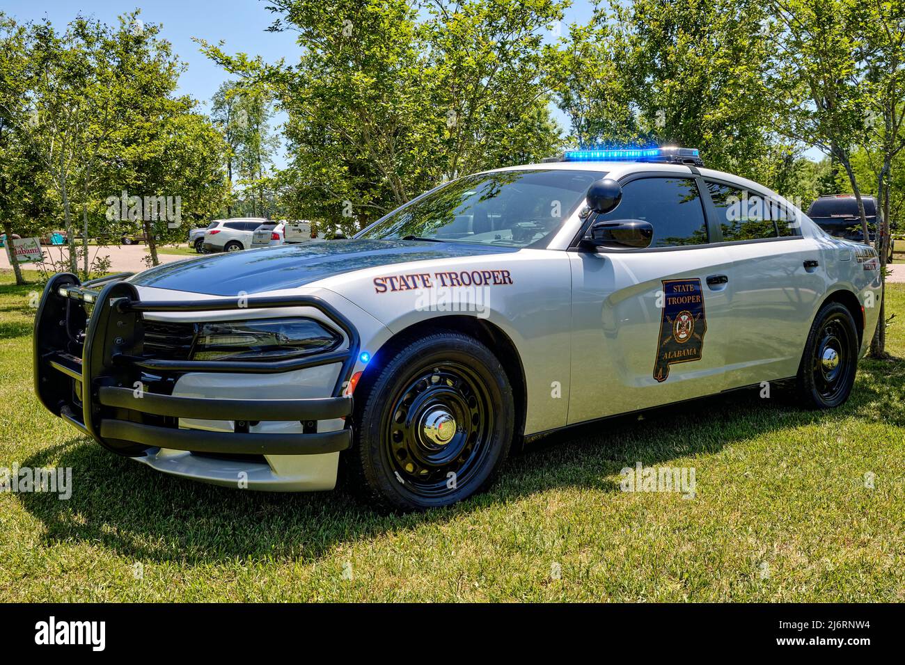 Alabama State Trooper police cruiser or police vehicle, Dodge Charger, on display in Montgomery Alabama, USA. Stock Photo
