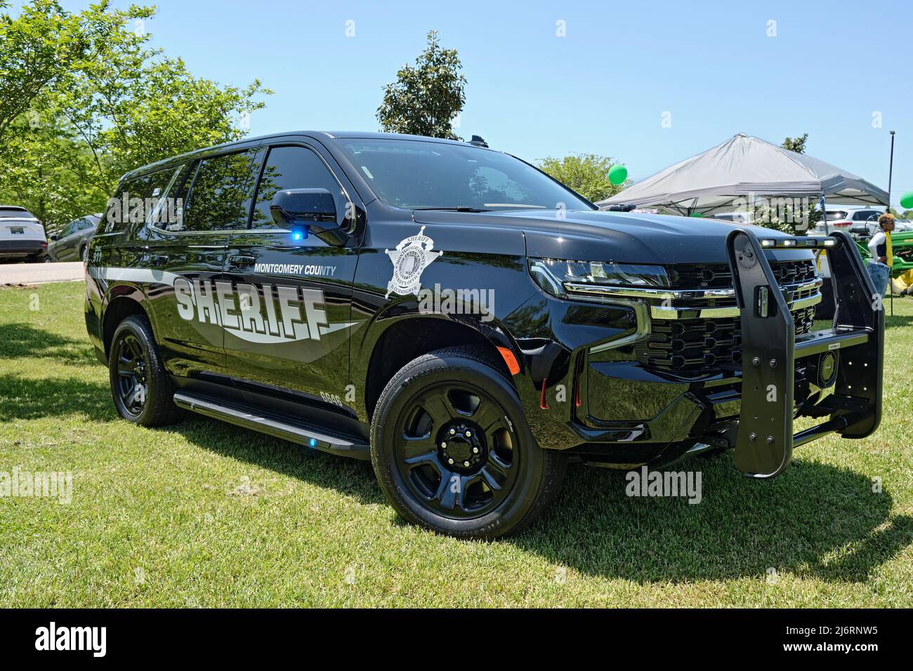 Black police or law enforcement or sheriff SUV parked on display in Montgomery Alabama, USA. Stock Photo