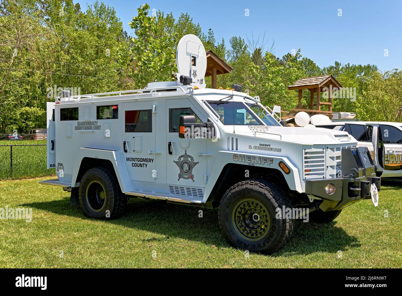 Armored SWAT or emergency services tactical unit police or law enforcement vehicle known as a bearcat on display in Montgomery Alabama. Stock Photo