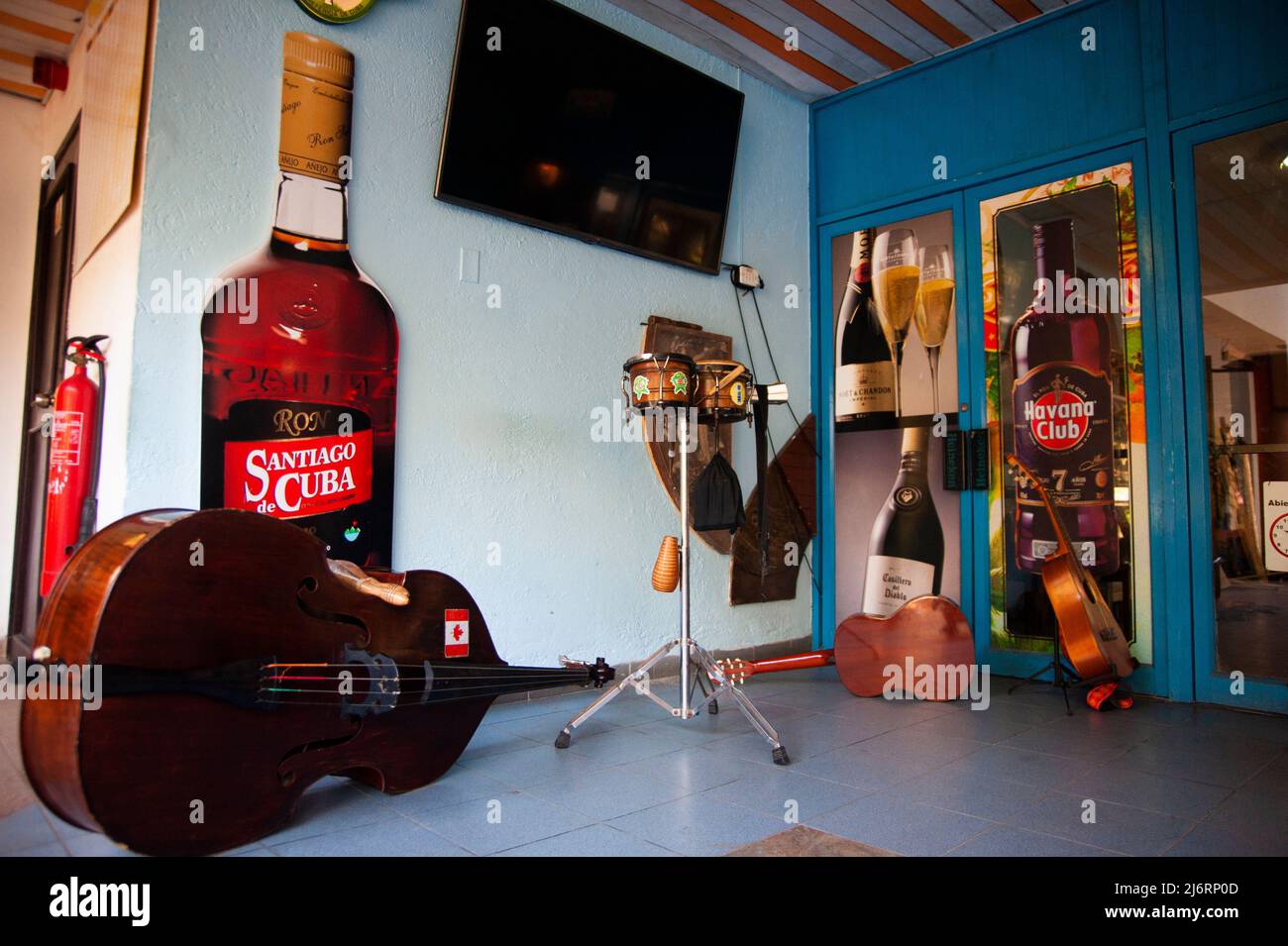 Cuban percussion instruments the bongo's, guiro and guitars at a bar in Varadero, Cuba. Stock Photo
