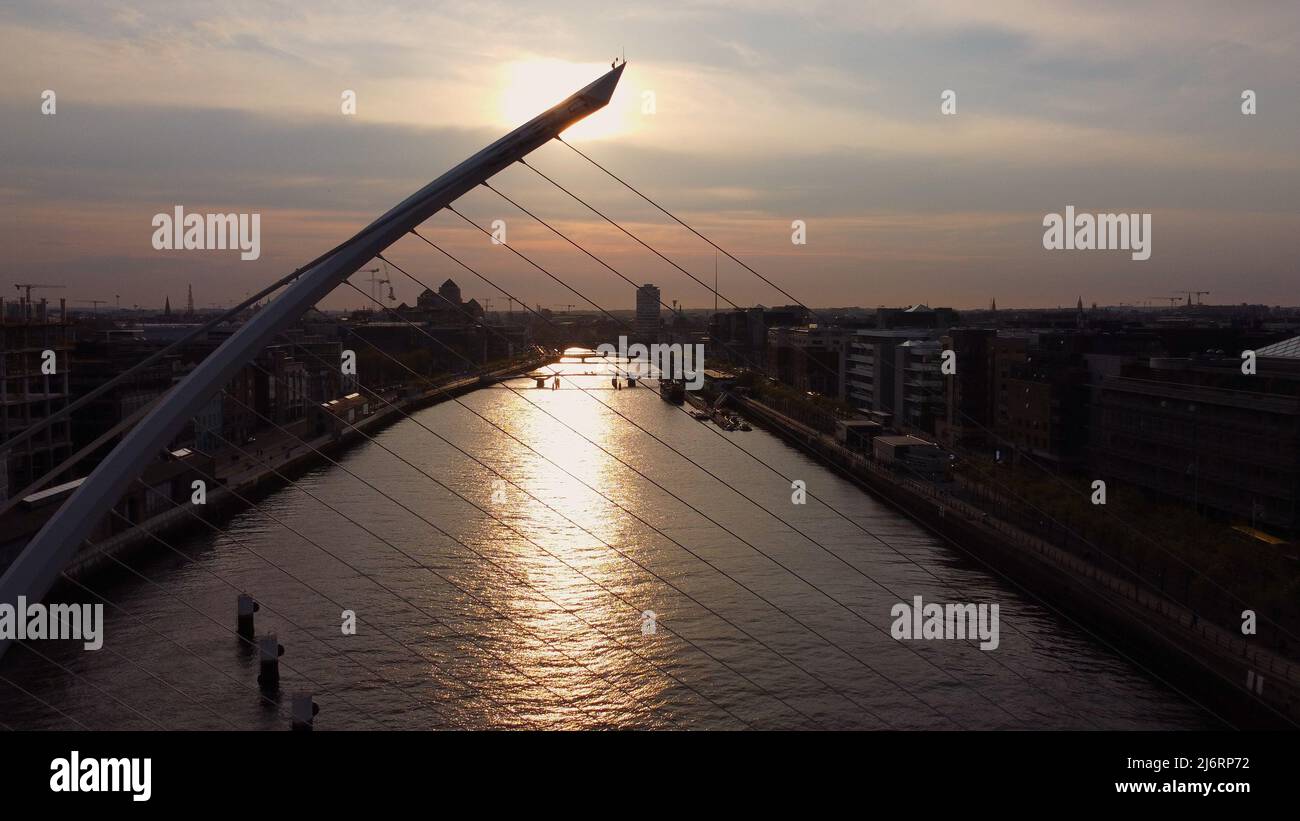 Samuel Beckett Bridge over River Liffey in Dublin - aerial view Stock ...
