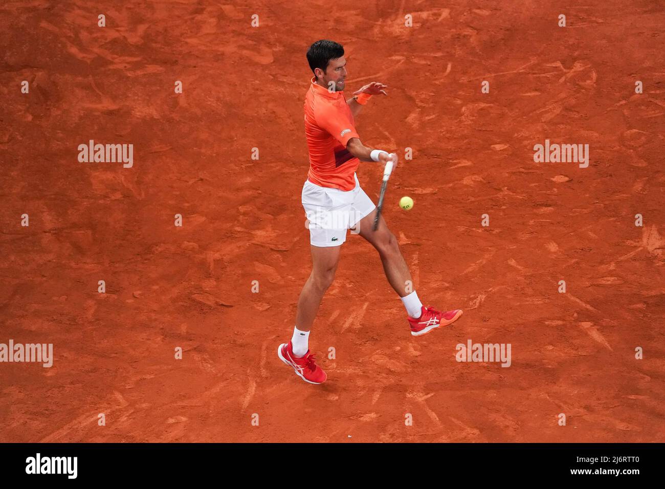 Novak Djokovic of Serbia plays during his singles match against Gael  Monfils of France during Day Six of Mutua Madrid Open at La Caja Magica in  Madrid. Novak Djokovic won by (6-3,6-2) (