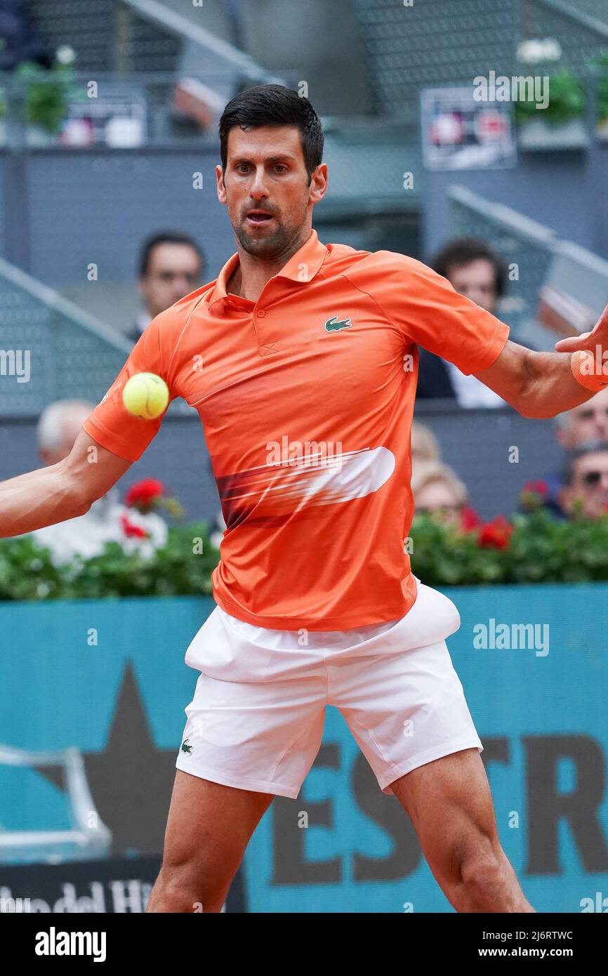 Novak Djokovic of Serbia plays during his singles match against Gael Monfils  of France during Day Six of Mutua Madrid Open at La Caja Magica in Madrid.  Novak Djokovic won by (6-3,6-2) (