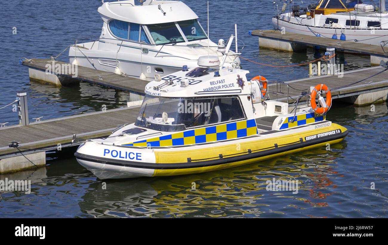Police boat at Belfast Harbour Marina - BELFAST, UK - APRIL 25, 2022 Stock Photo