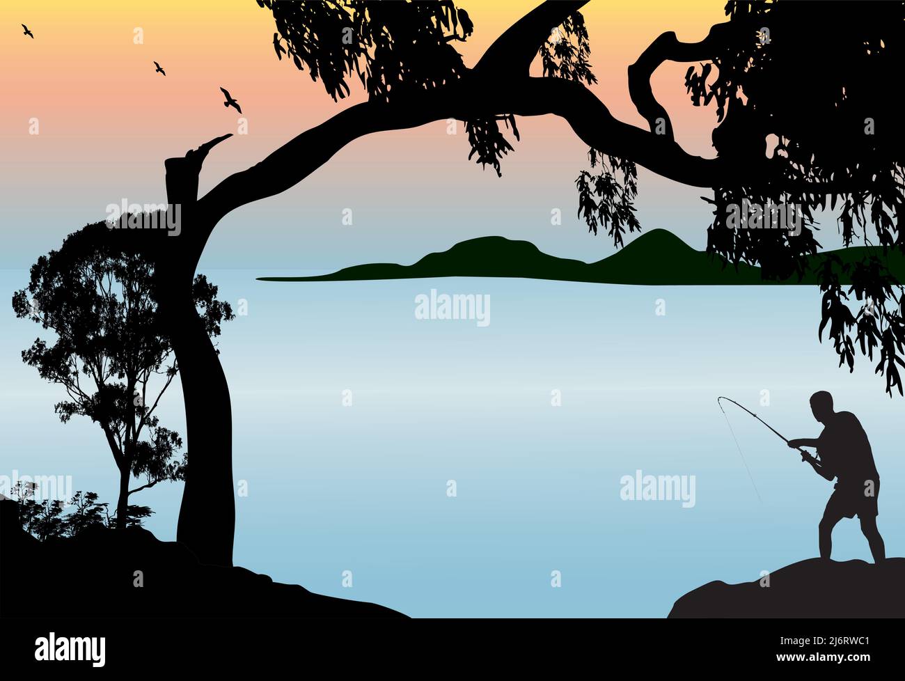 silhouette of a man fishing of the rocks at sunset with large tree and mountains in the background Stock Vector