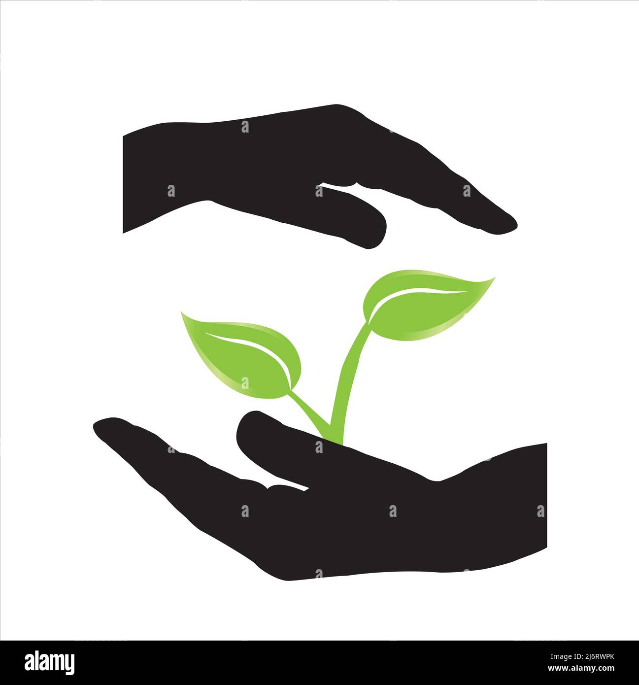silhouette of hand holding a young plant in the palm of hand with white background Stock Vector