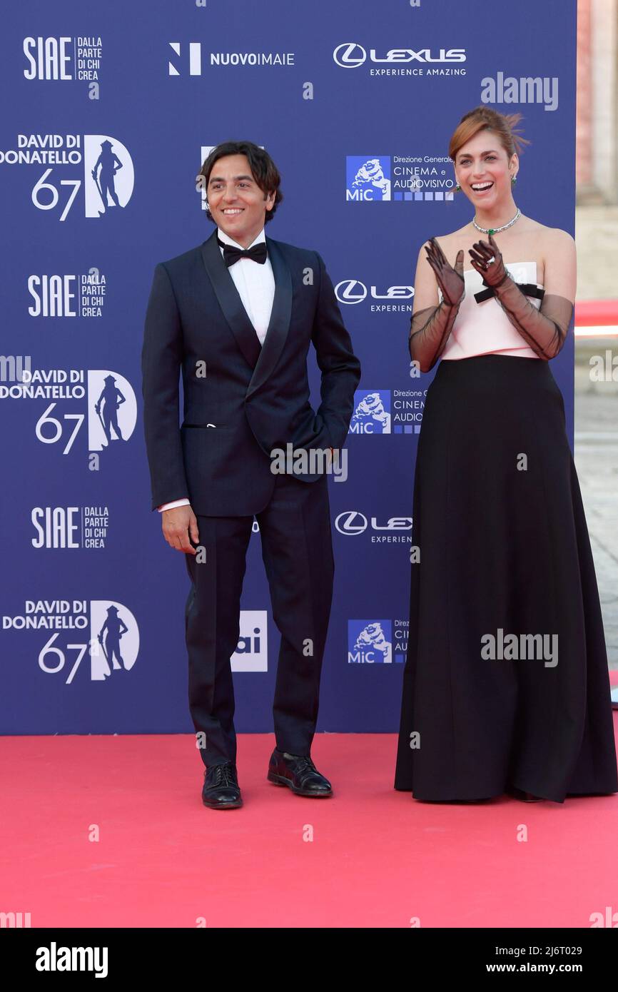 Miriam Leone (R) and Paolo Carullo (L) attend the red carpet of