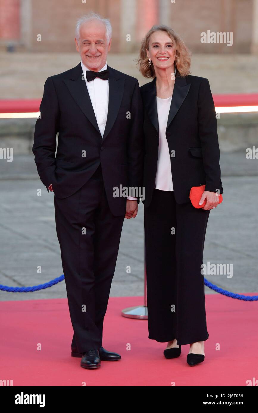 Toni Servillo (L) and Emanuela Camanna (R) attend the red carpet of the 67th Premi David di Donatello 2022 at Cinecittà Studios. Stock Photo