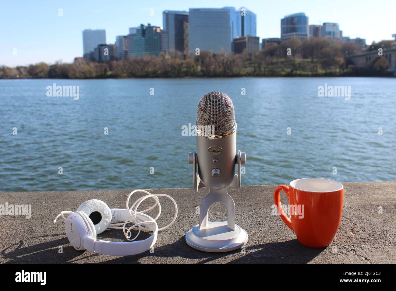 Scenic View Microphone Headphones Coffee Cup Rosslyn Skyline Stock Photo Alamy