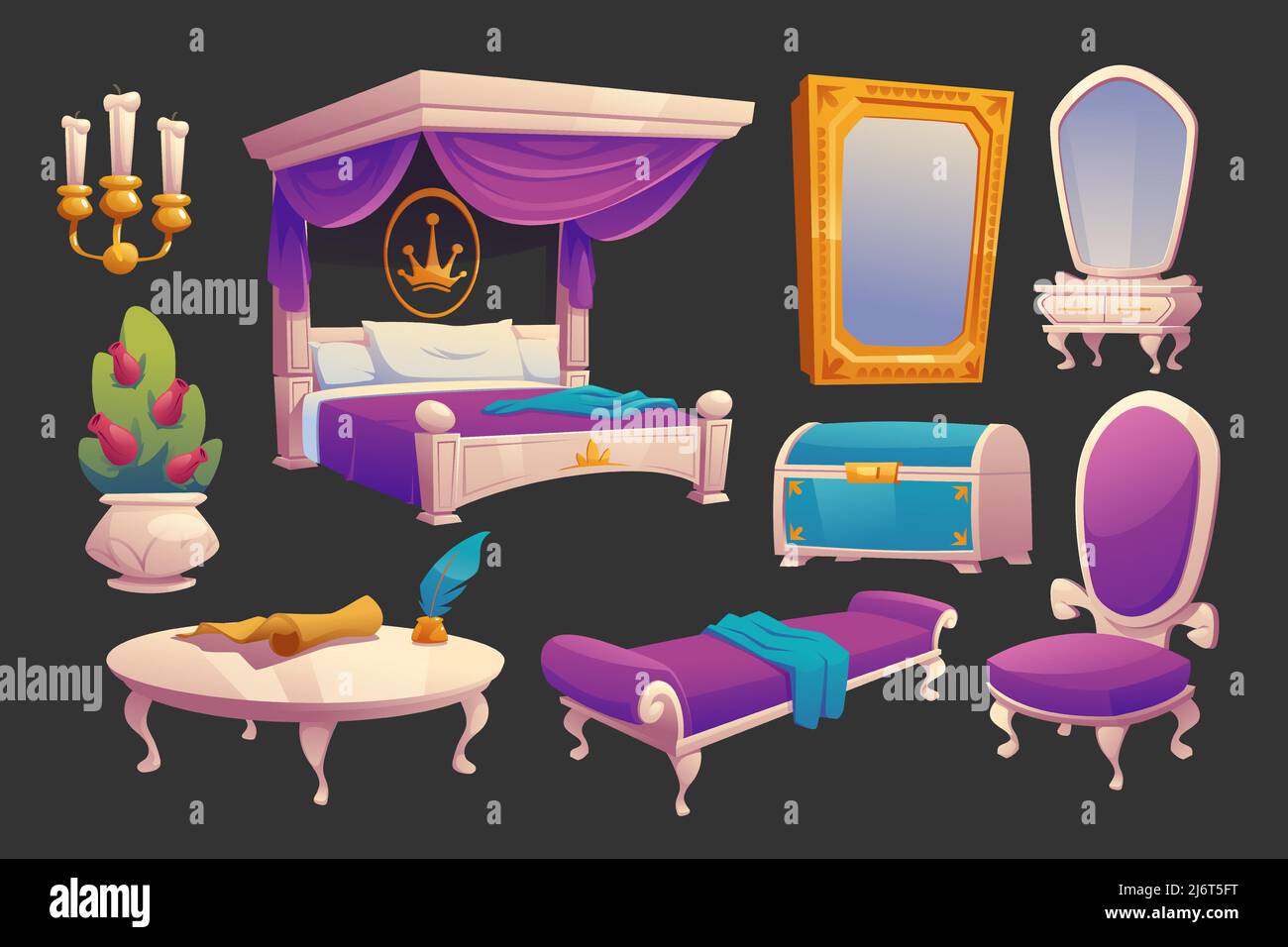 Luxury furniture for royal bedroom. Vector cartoon set of vintage princess room interior with canopy bed, dressing table, mirror in gold frame, couch, chest, candles and flowers Stock Vector