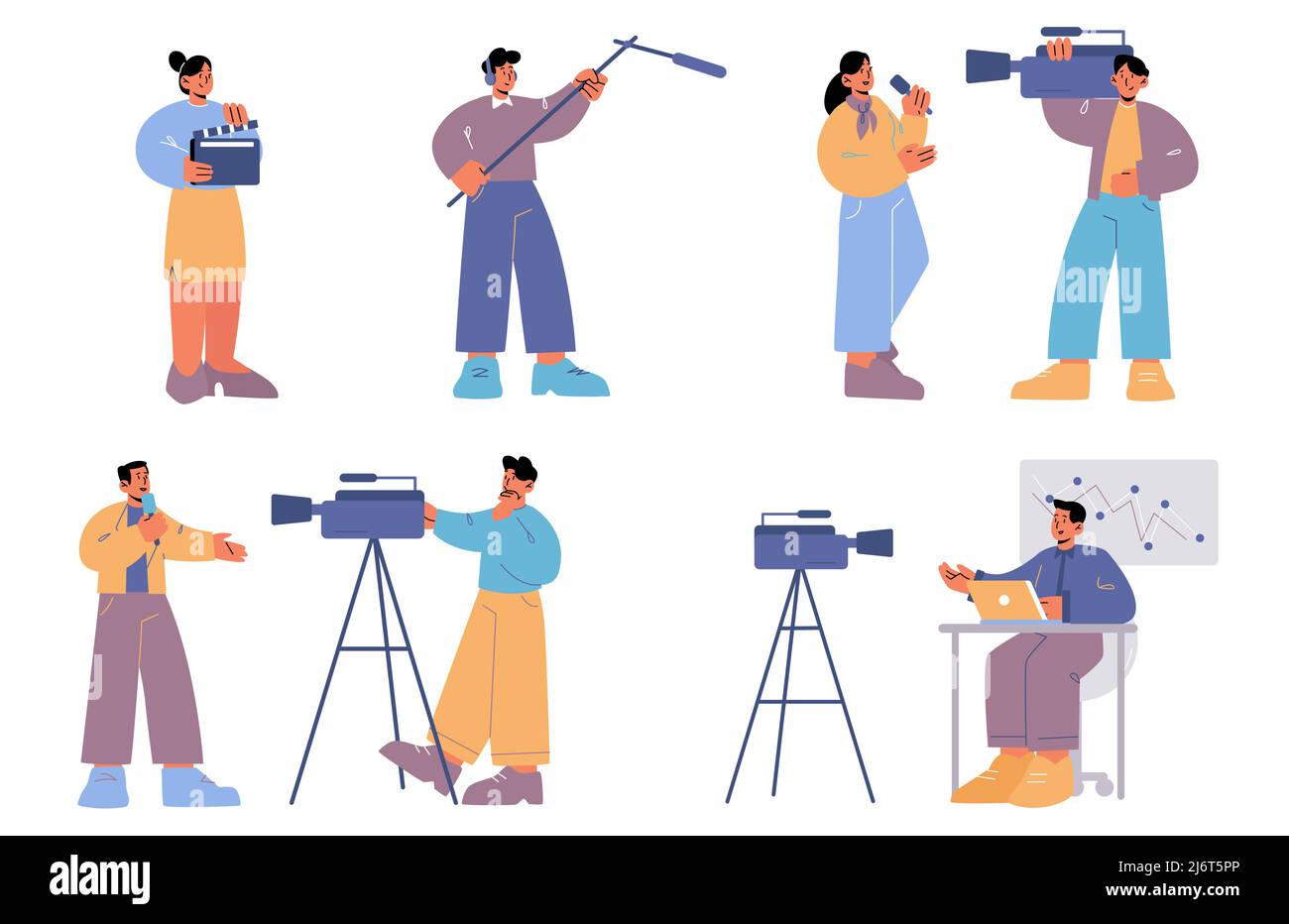 Set tv employees, professional cameraman, videographer and journalist characters record video on camera. Presenter broadcast news, mass media worker, profession, job, Linear flat vector illustration Stock Vector