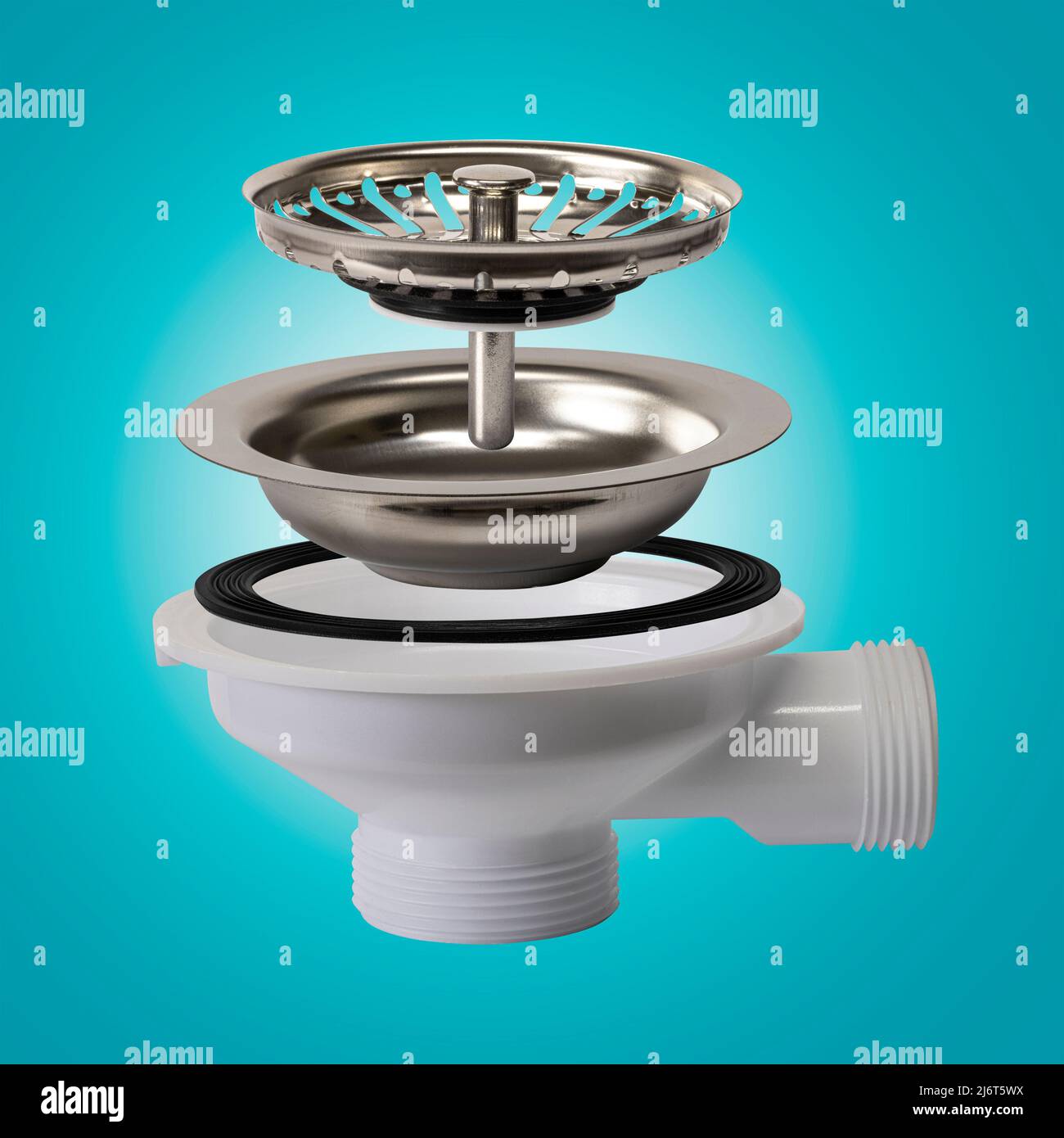 Exploded View of Sink Waste Fitting on a light blue background Stock Photo