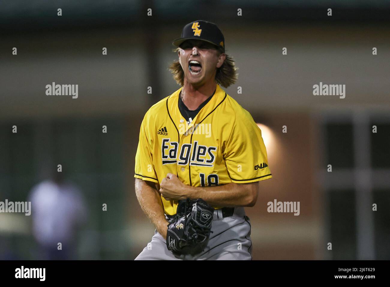 May 03, 2022: Southern Miss pitcher Dalton Rogers (18) celebrates a 6-4 victory after the last out during a college baseball game, between the Southern Miss Golden Eagles and the South Alabama Jaguars at Stanky Field in Mobile, Alabama. Bobby McDuffie/CSM Stock Photo