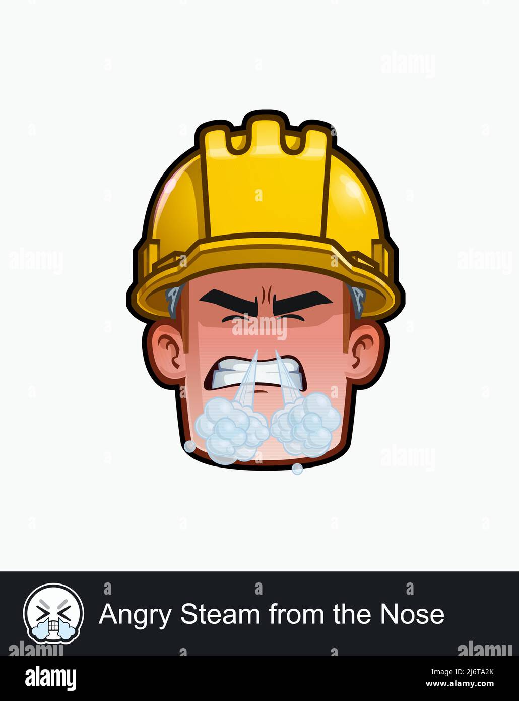 Icon of a construction worker face with Angry Steam from the Nose emotional expression. All elements neatly on well described layers and groups. Stock Vector