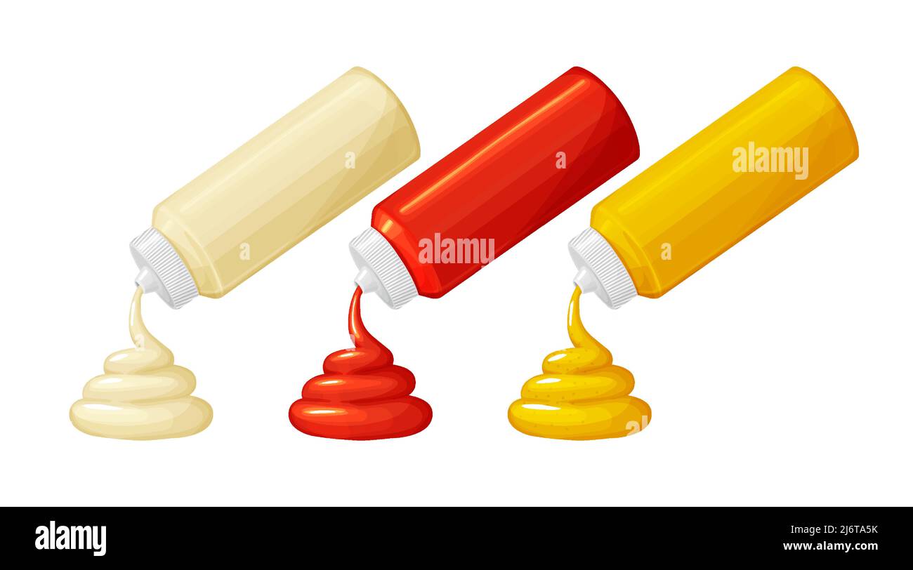 Bottles of mayonnaise,ketchup,mustard sauce with swirl in realistic