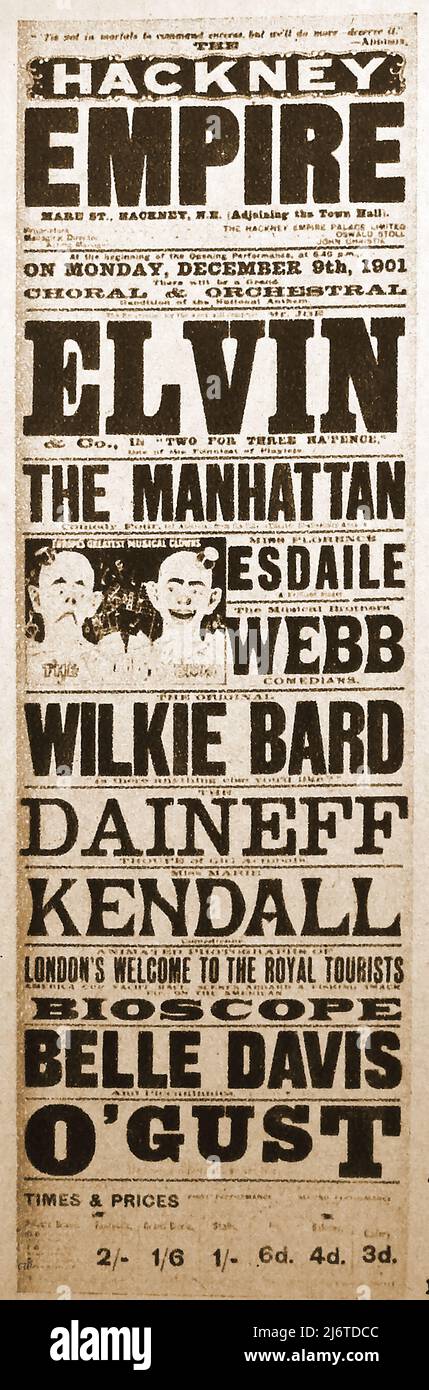 Playbill /poster  for the original  opening performance of the Hackney Empire, London, UK, on December 9th 1901. Stock Photo