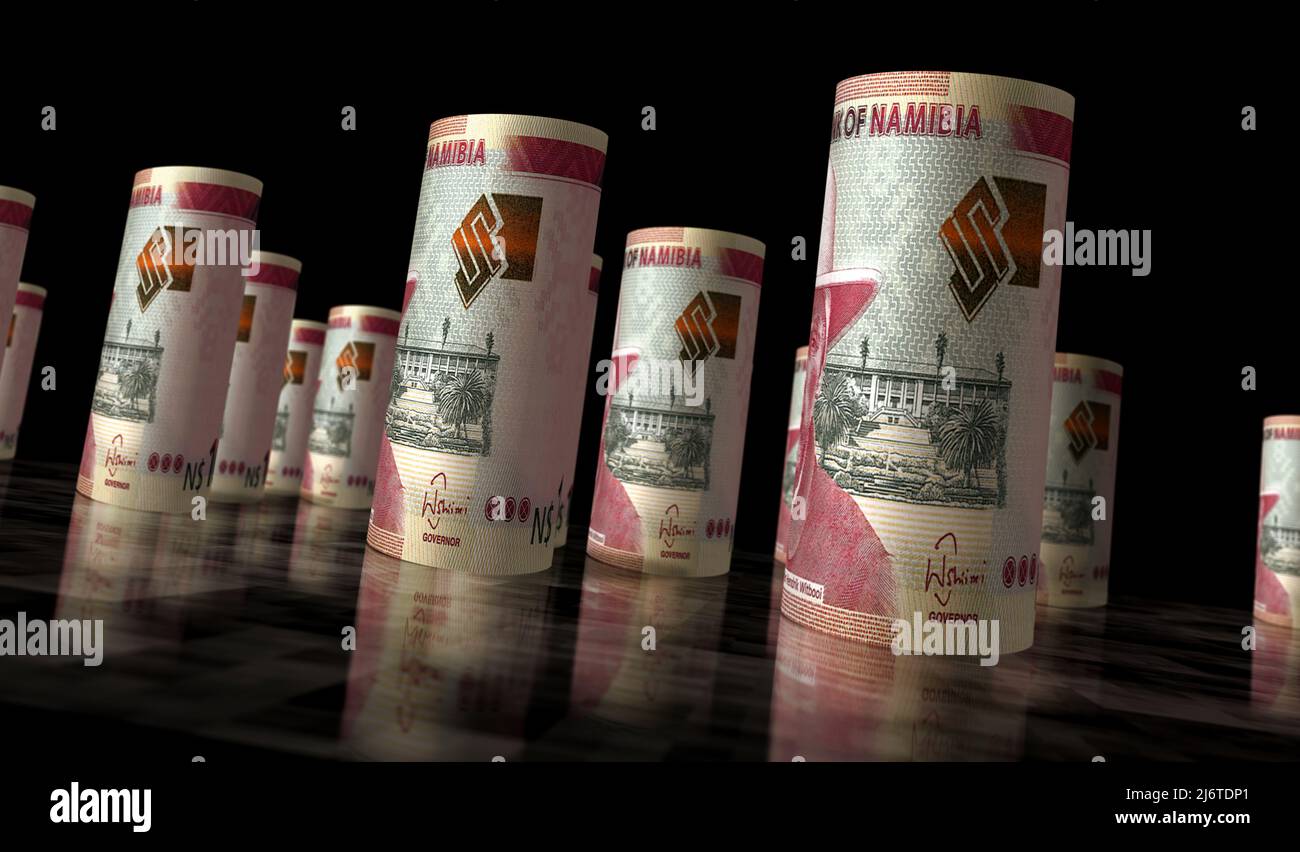 Namibian dollar money pack 3d illustration. NAD banknote rolls. Concept of finance, cash, economy crisis, business success, recession, bank, tax and d Stock Photo