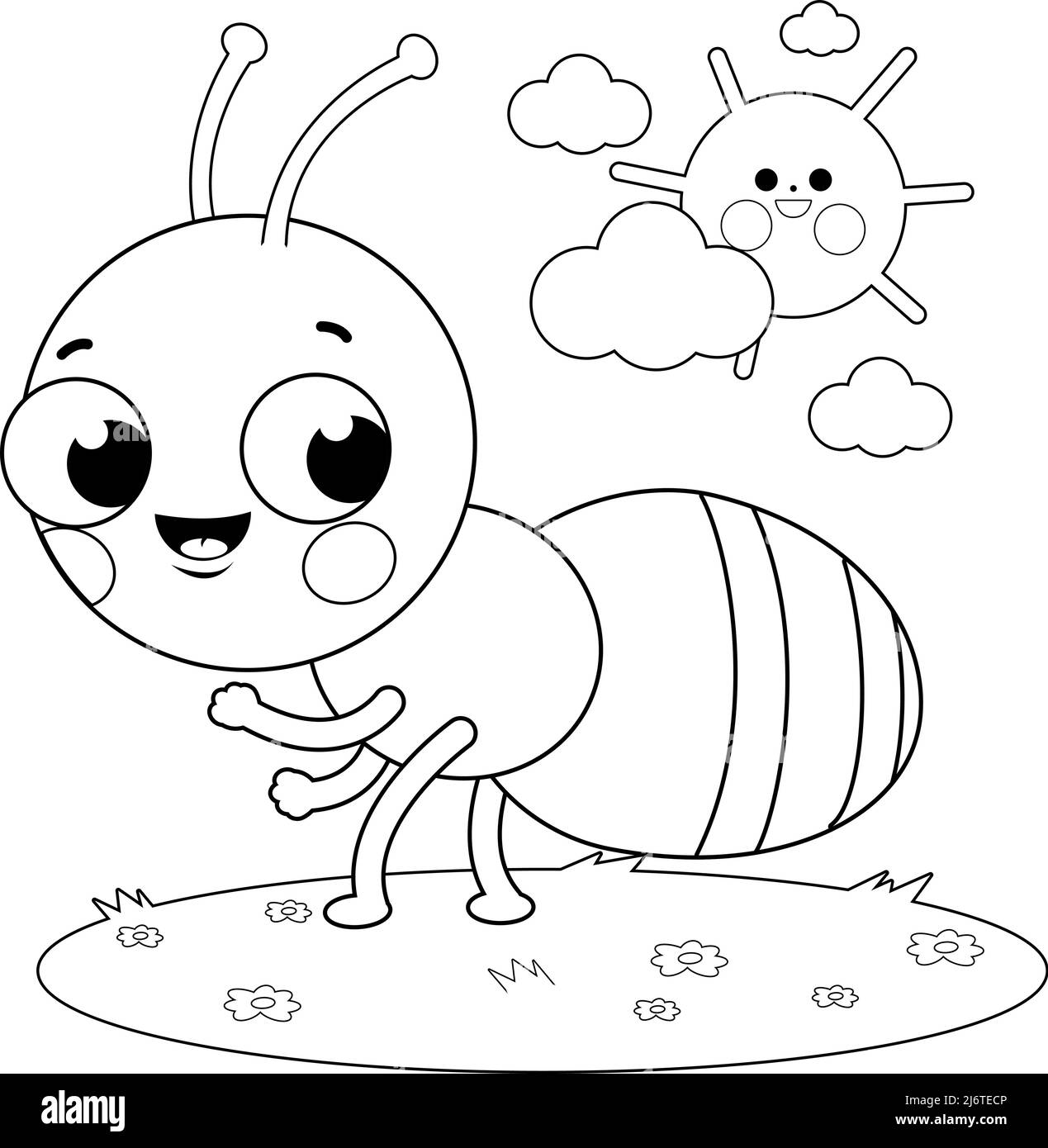 Cute ant cartoon in the grass. Vector black and white coloring page Stock Vector