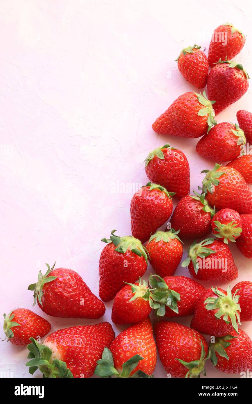 Fresh strawberries pattern on white background. Directly above. Copy space. Stock Photo