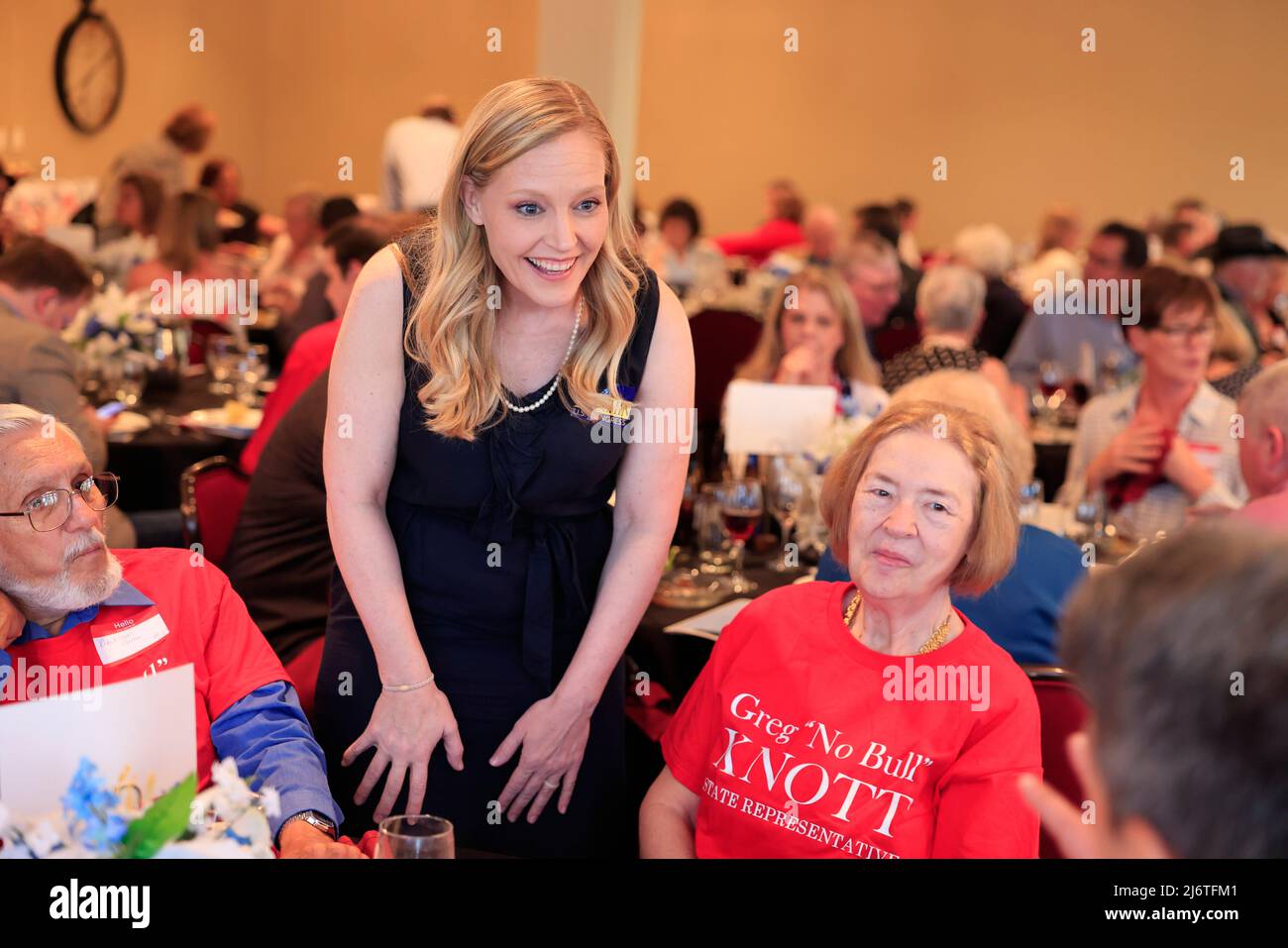 Indiana 9th District Republican candidate Erin Houchin greets potential constituents during the Monroe County Republican Party 2022 Lincoln Day Dinner in Bloomington. Houchin won the Republican primary Tuesday night and will face Democrat Matt Fyfe, from Bloomington, in the fall midterm election. Houchin refers to herself as a “Trump Conservative.” (Photo by Jeremy Hogan / SOPA Images/Sipa USA) Stock Photo