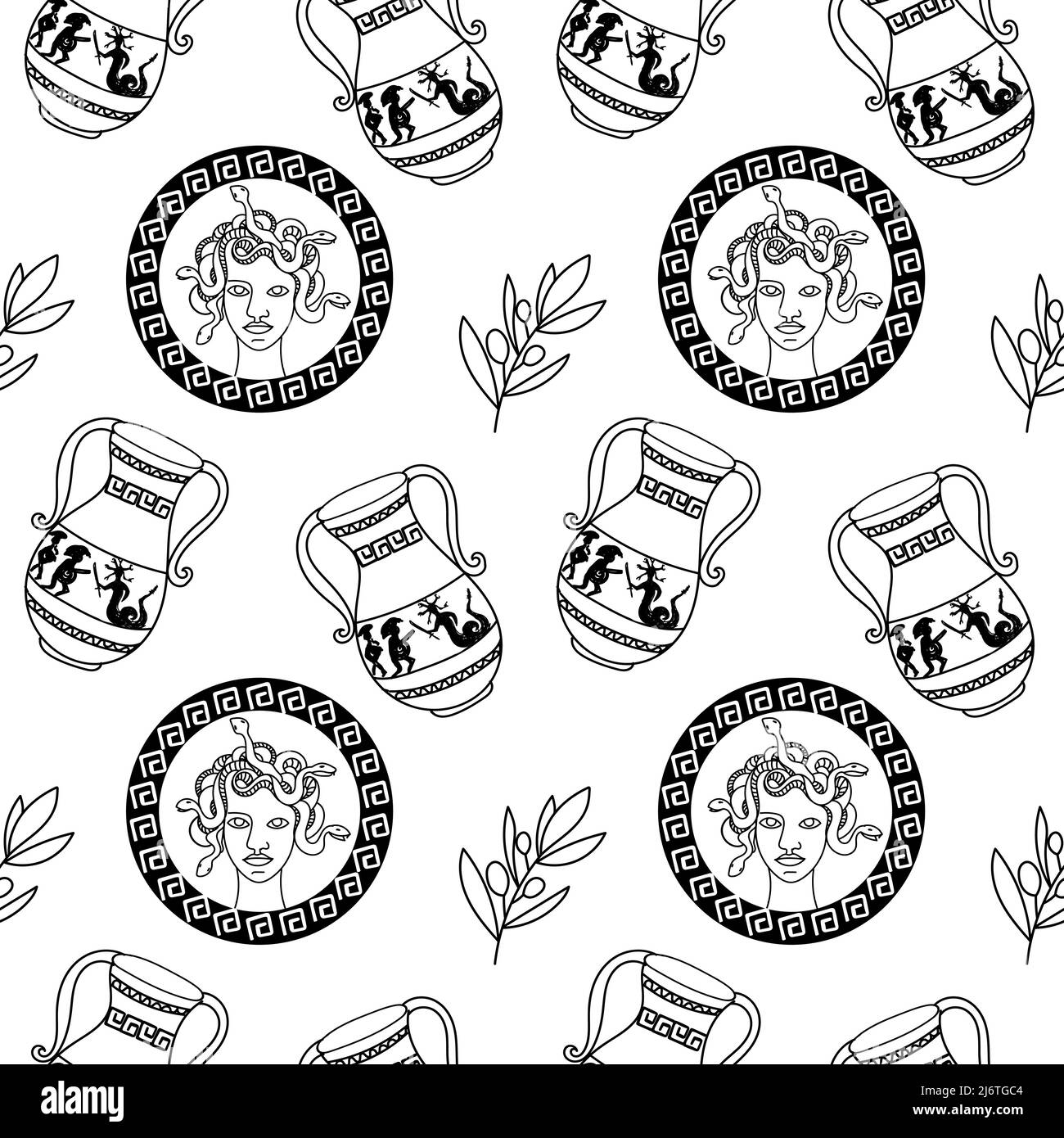 Seamless coin pattern with an image of Medusa Gorgon. Hand-drawn doodle elements in sketch style. Vases with the feat of Perseus. Sprigs of laurel on Stock Vector