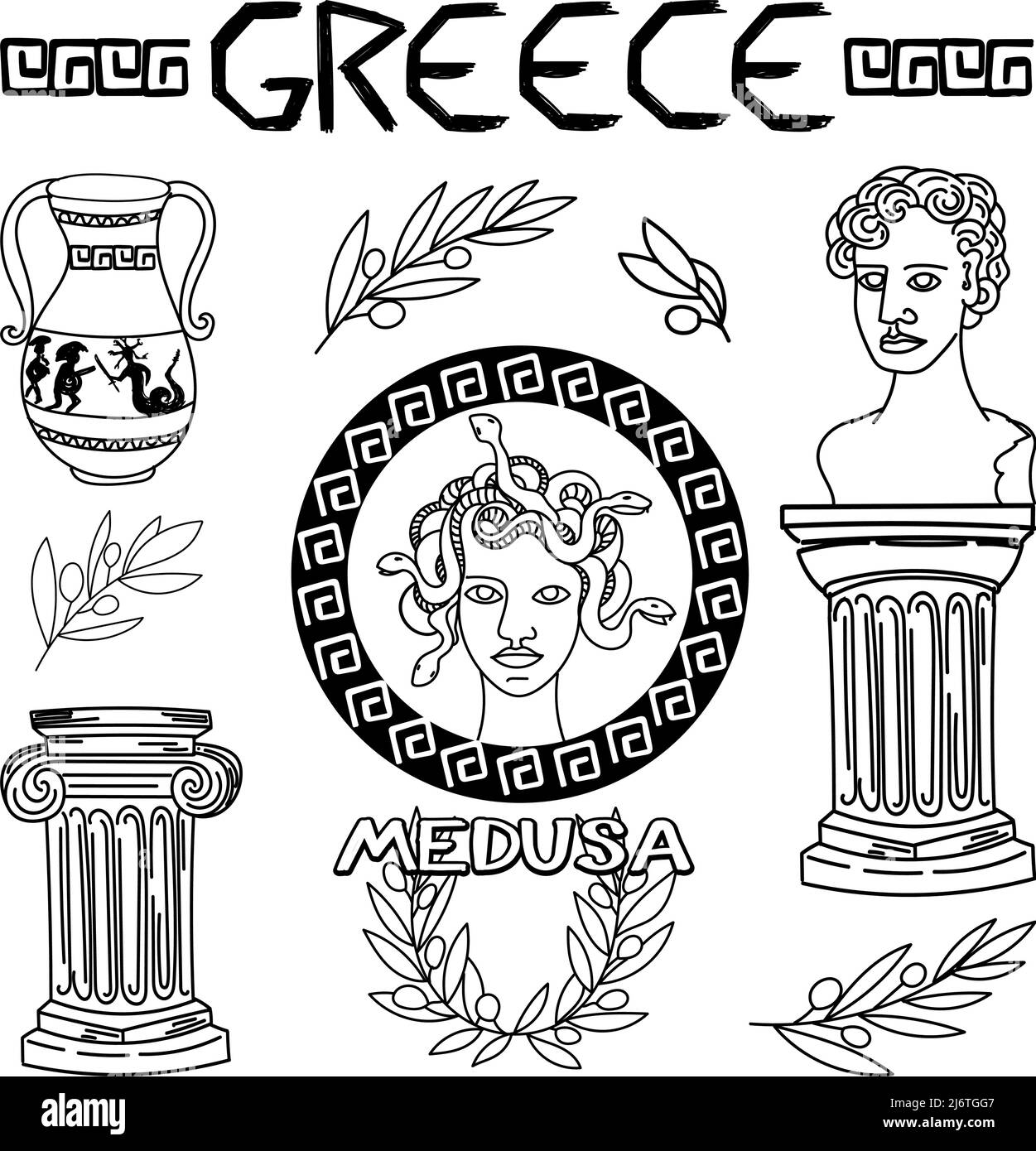 Set of ancient elements of Ancient Greece and Rome, hand-drawn in sketch style. Medusa Gorgon. Head of Perseus, vase with feat, laurel wreath, olive b Stock Vector