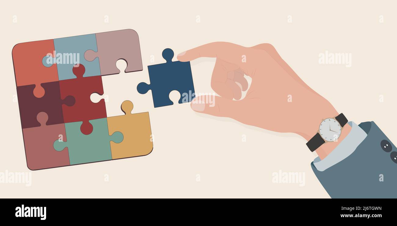 Hand of businessman holding a piece of jigsaw to complete a puzzle. Human resources concept. Job occupation and employment. Employee recruitment.Team Stock Vector