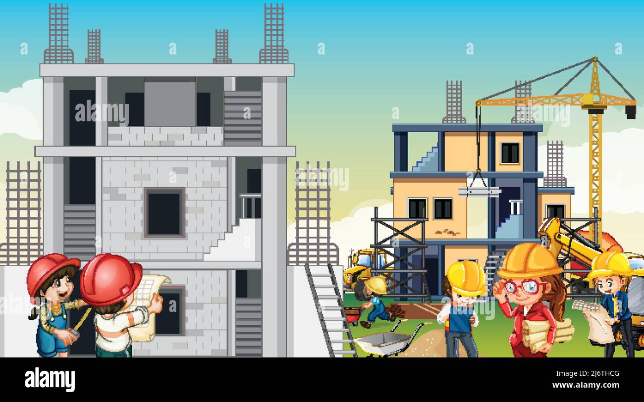 Building house construction site and workers illustration Stock Vector ...