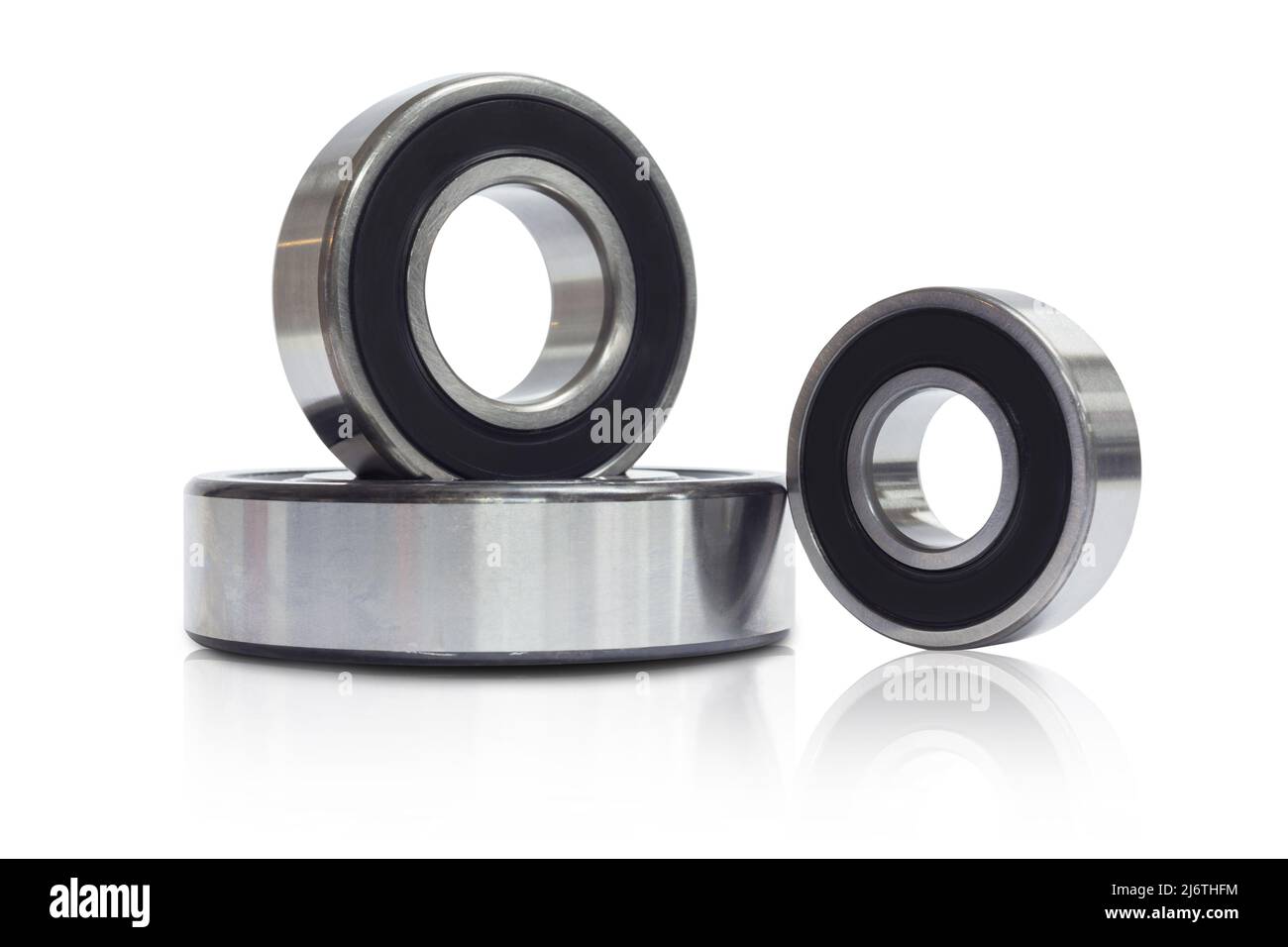 Detailed bearings set production isolated on white background, ball type of bearing with dust sealed and free maintenance, radials support and lubrica Stock Photo