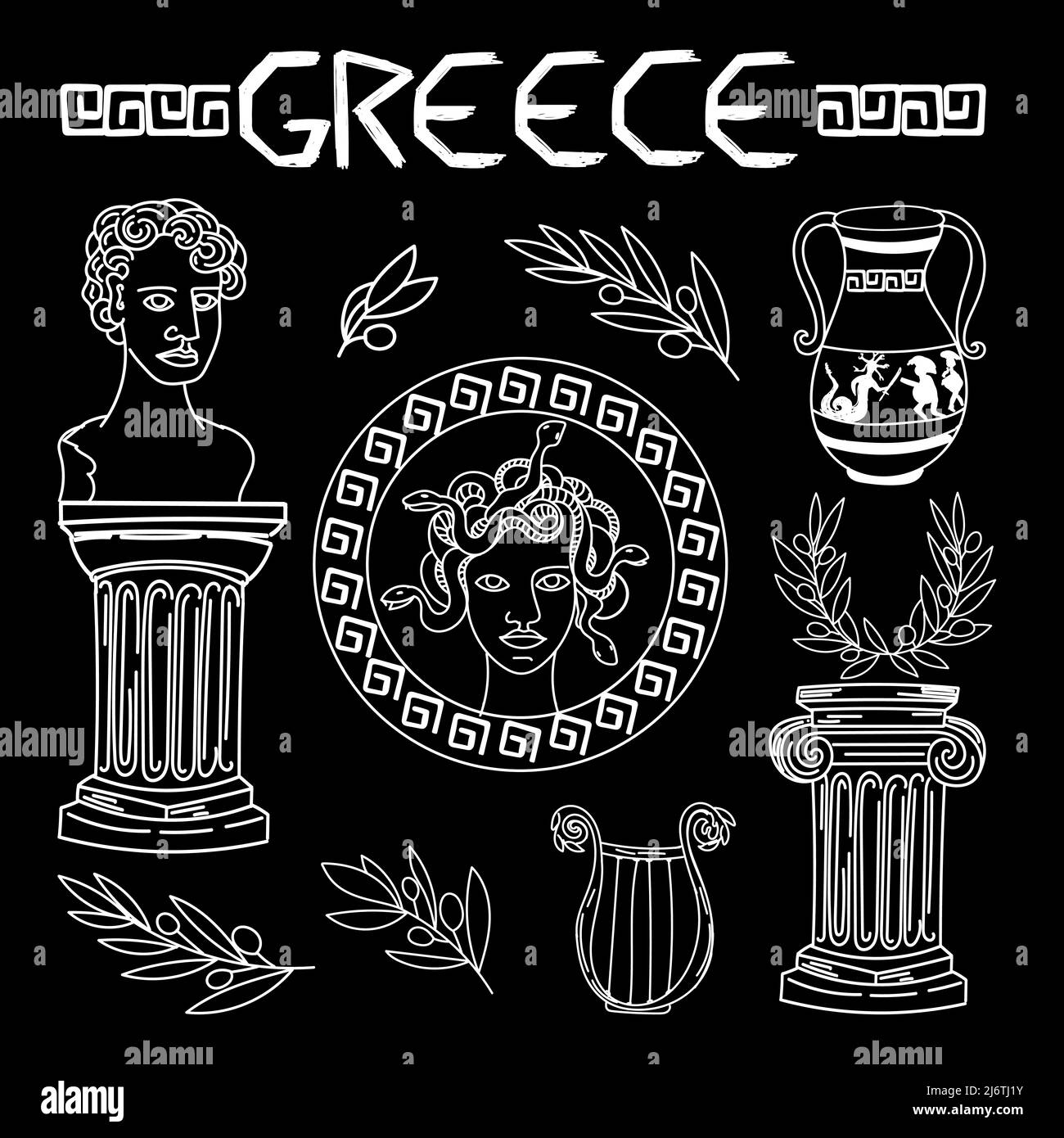 Set of ancient elements of Ancient Greece and Rome, hand-drawn in sketch style. Gorgon Medusa. Head of Perseus, vase with exploit, harp, laurel wreath Stock Vector