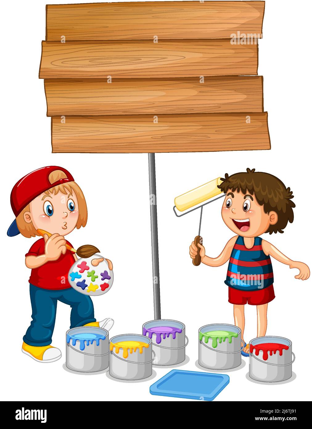 Two kids painting wooden sign illustration Stock Vector Image & Art - Alamy