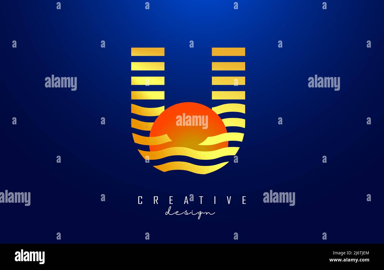 Letter U logo design with golden straight and zig zag lines. Vector ...
