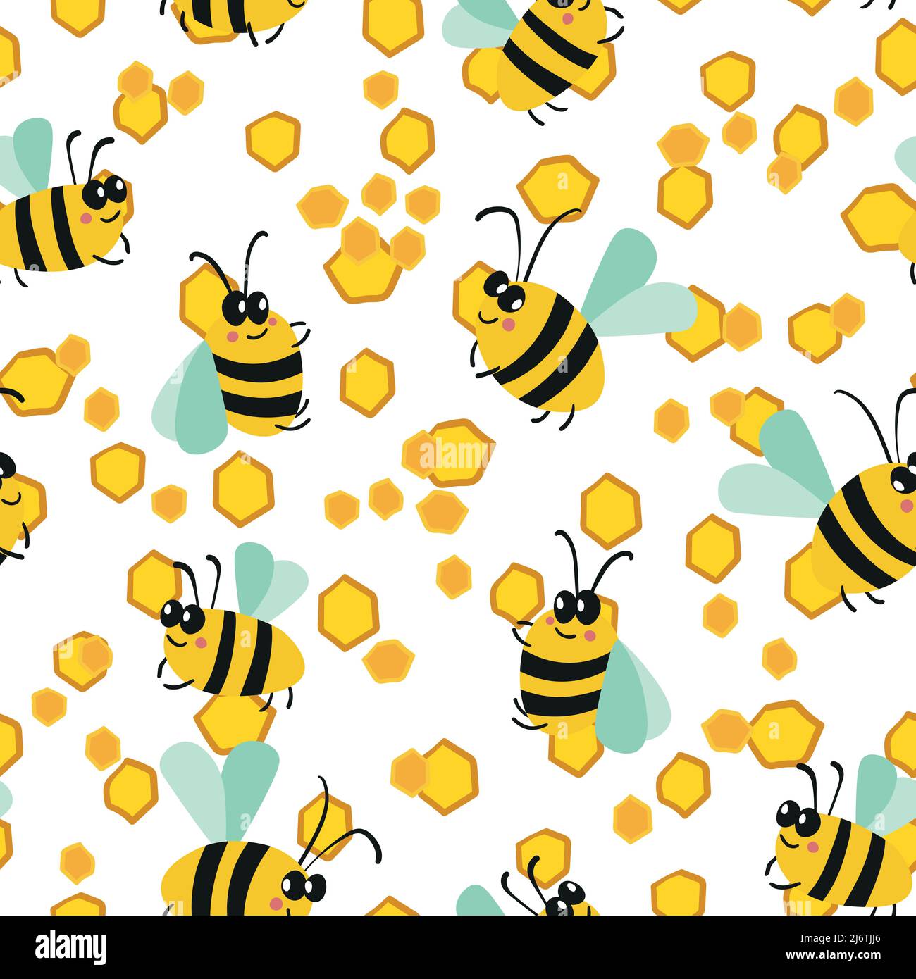 Seamless pattern with bees on white honeycomb background. Small wasp ...