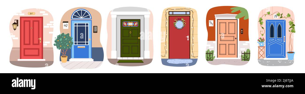 Doors to home apartment of different colors set, collection of doorways in wall of house Stock Vector