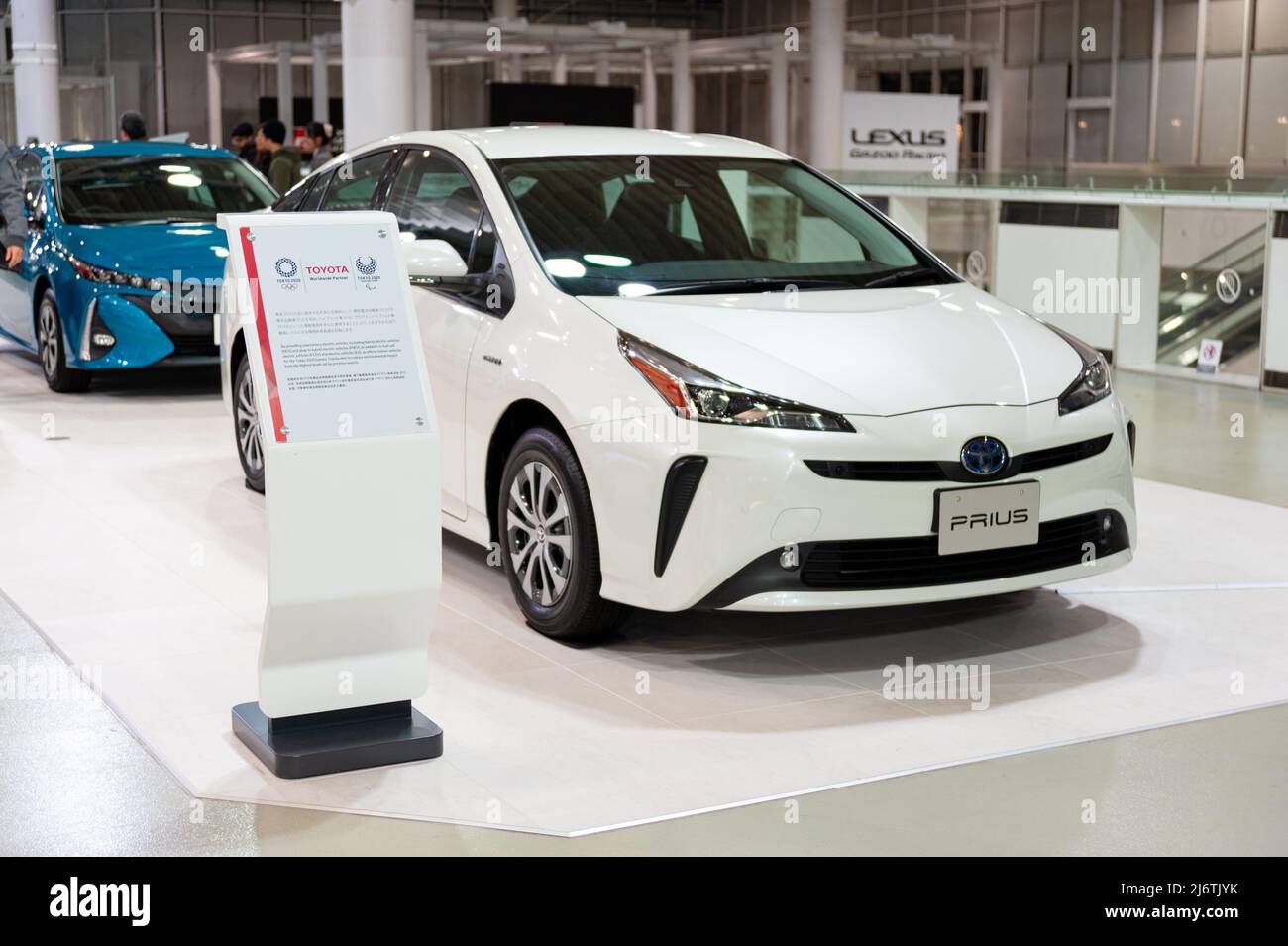 Odaiba, Tokyo, Japan, Toyota Showcase Mega Web Palette Town - January 2, 2020: White Toyota Prius Plug-in Hybrid aka Prius PHV and Prius Prime. Stock Photo