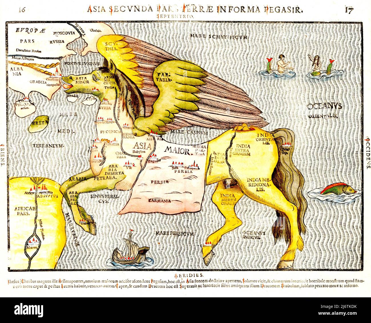 Pictorial Map by Heinrich Bünting, depicting Asia as Pegasus - c1581 Stock Photo