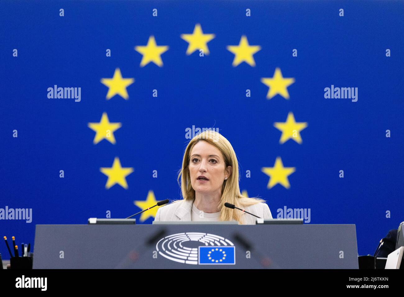 04 May 2022, France, Straßburg: Roberta Metsola (Partit Nazzjonalista), President of the European Parliament, sits during a plenary session in the European Parliament building. In the EU Parliament, the main topic of discussion is Ukraine. Expected is the presentation of a sixth package of sanctions, which includes the exit from Russian oil. Photo: Philipp von Ditfurth/dpa Stock Photo