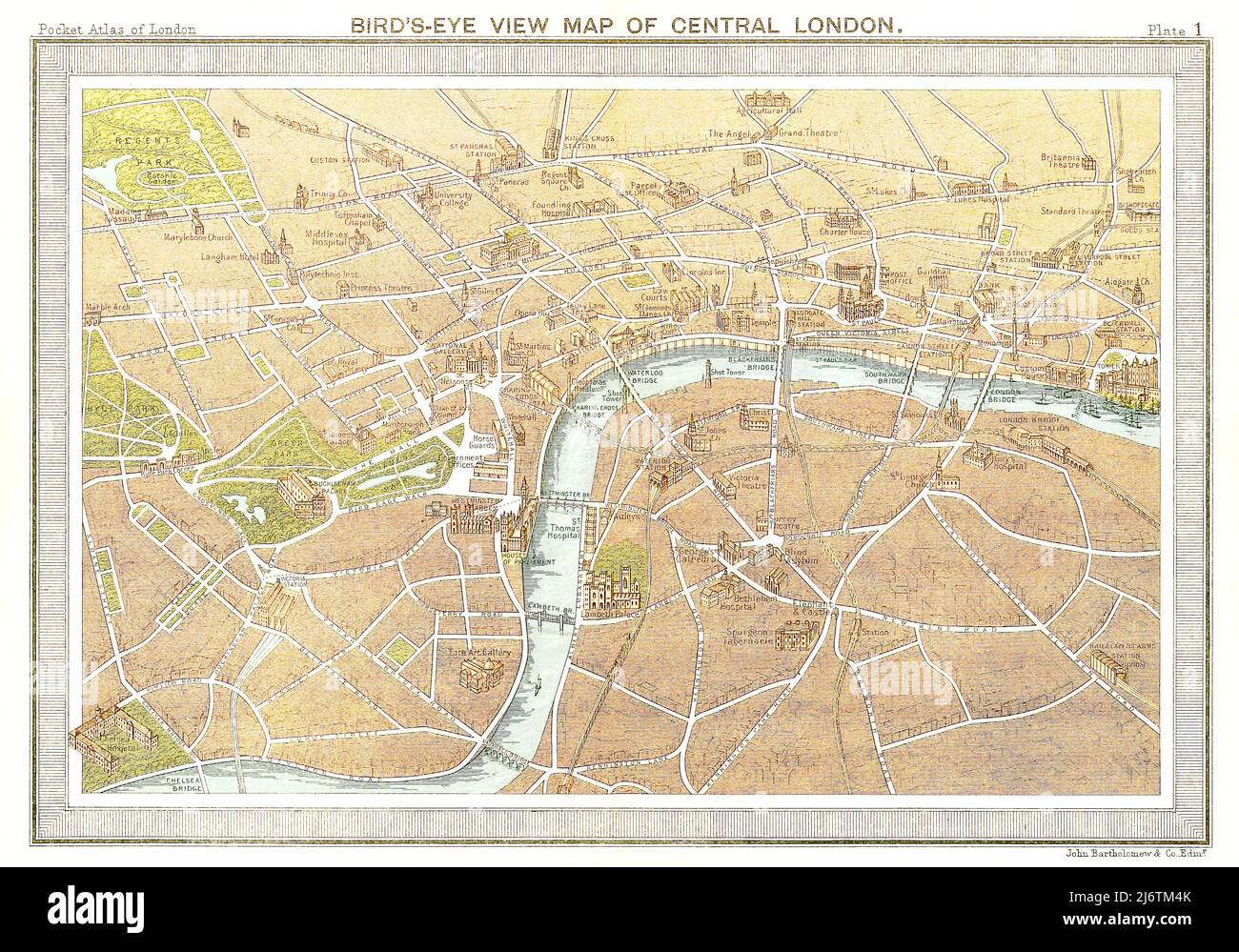 Bird's-Eye View Map of Central London - 1887 Stock Photo